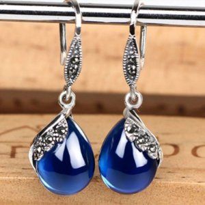 Blue Sapphire Earrings Sterling Silver Vintage Design